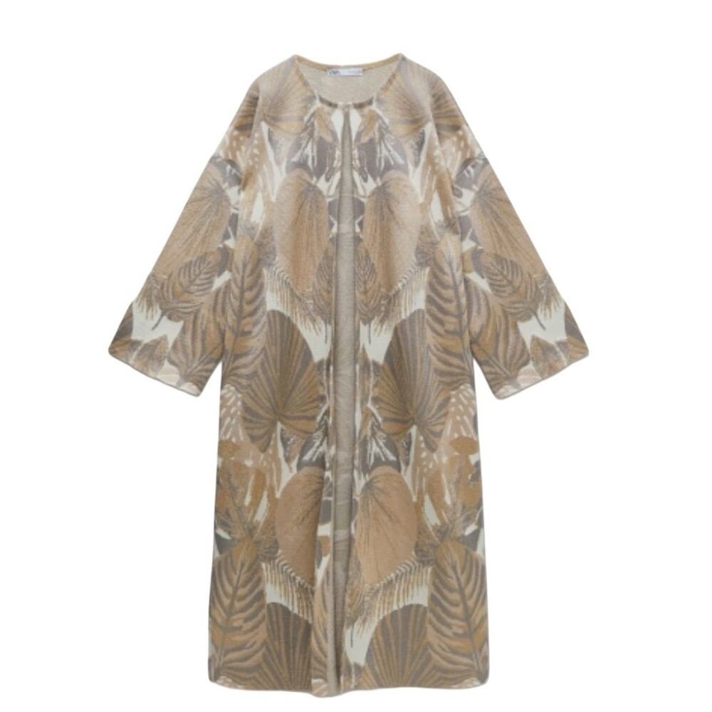 Zara NWOTS Metallic Gold Thread Tan Duster Knit Jacket Sweater size small